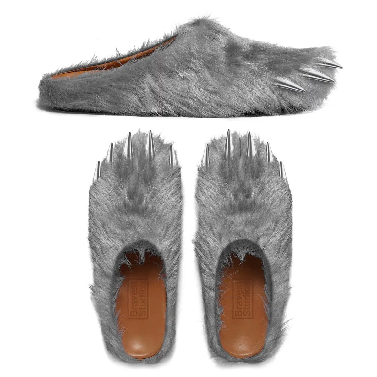 Grey faux-fur unisex mules with bear-claw toe detailing and tan insole