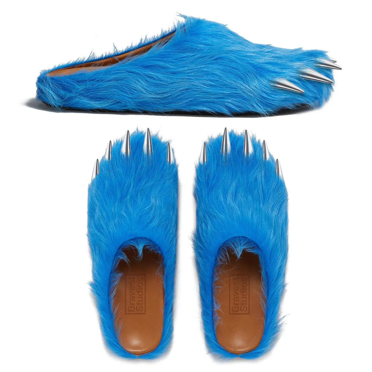 Blue faux-fur bear claw mules, pointed claw tips, slip-on with tan lining