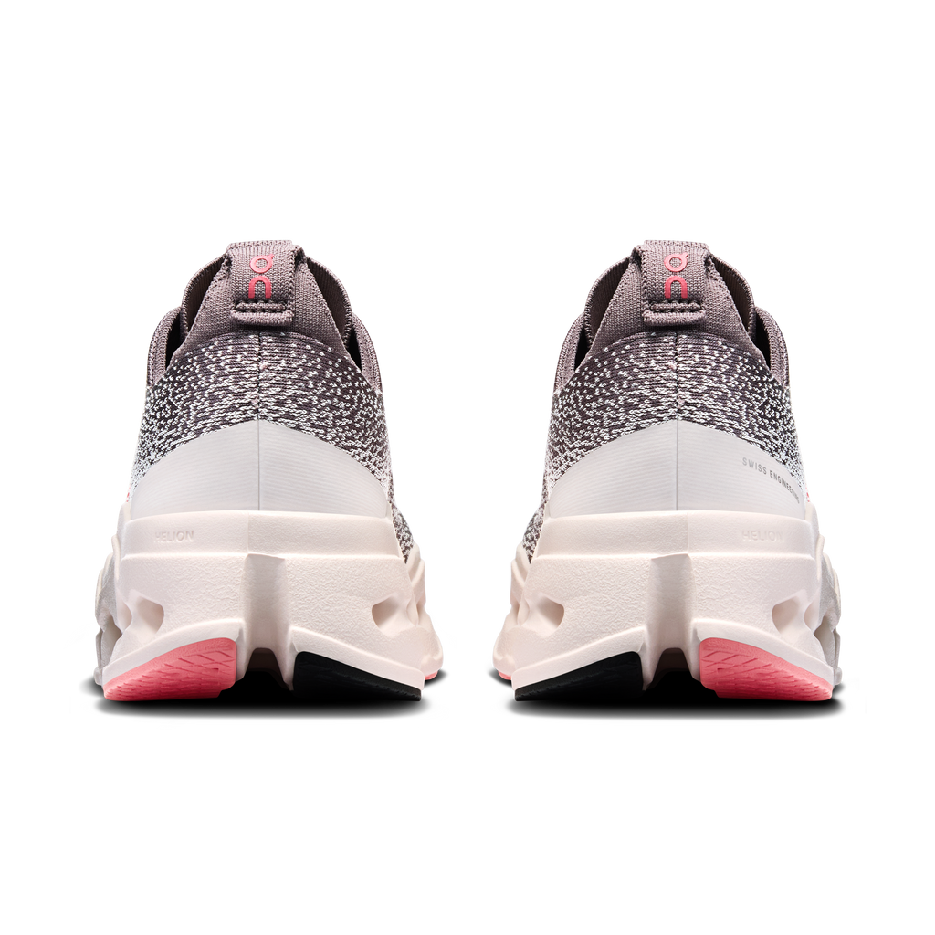 Women's On running shoes, rear view with gray knit heel and white cushioned back