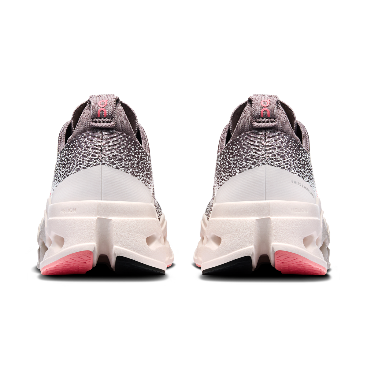 Women's On running shoes, rear view with gray knit heel and white cushioned back