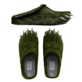 Unisex green bear claw mules, fuzzy slip-ons with claw-shaped spikes