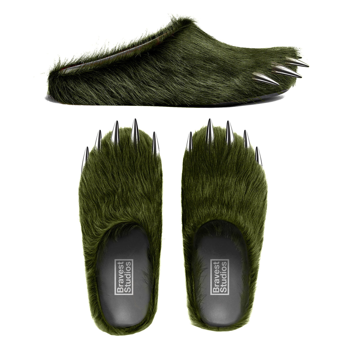 Unisex green bear claw mules, fuzzy slip-ons with claw-shaped spikes