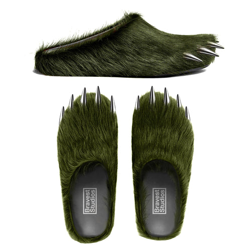 Unisex green bear claw mules, fuzzy slip-ons with claw-shaped spikes