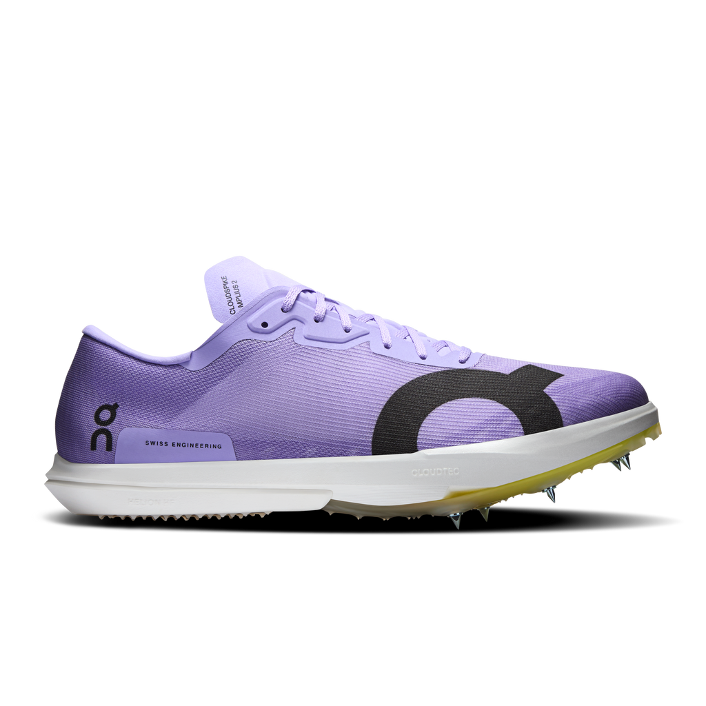 Men's running shoes in light purple with black logo and yellow traction sole