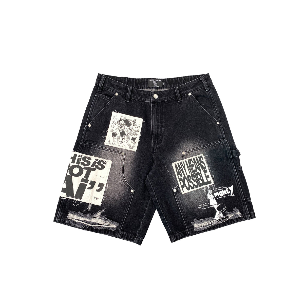 Men's black denim shorts with distressed hems and graphic patch prints