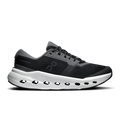 Black running shoes with white cloud-style midsole and lace-up mesh upper.