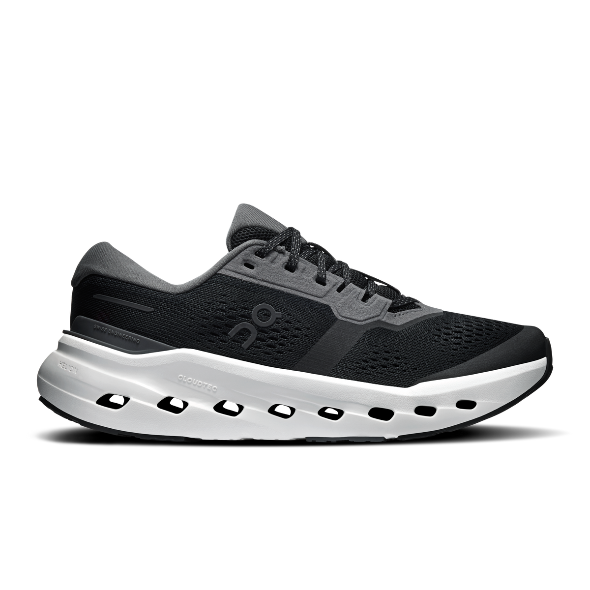 Black running shoes with white cloud-style midsole and lace-up mesh upper.