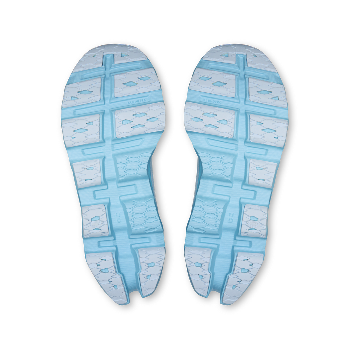 On Running Cloudmonster 3 women’s shoe outsoles, light-blue tread pattern
