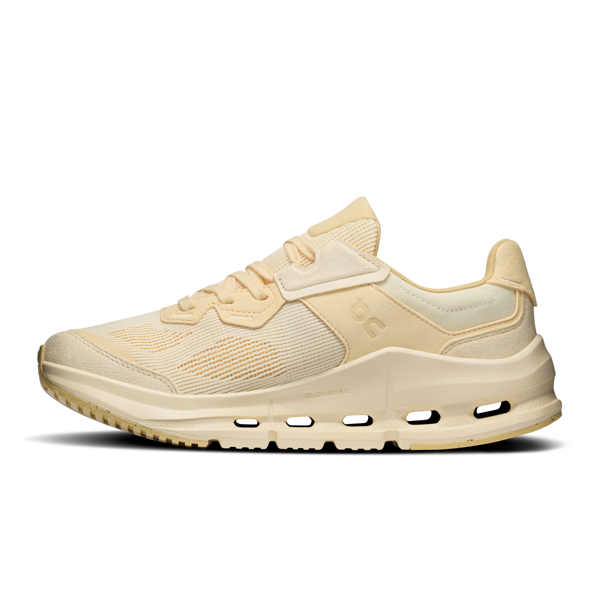 On women's Cloudnova Rift running shoe, front profile in light beige and orange knit