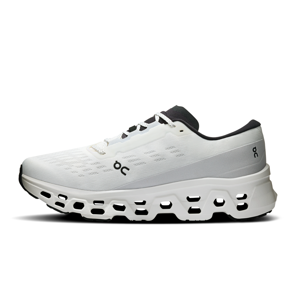 On Cloudmonster 3 running shoes for men, white side profile with logo and cloud midsole