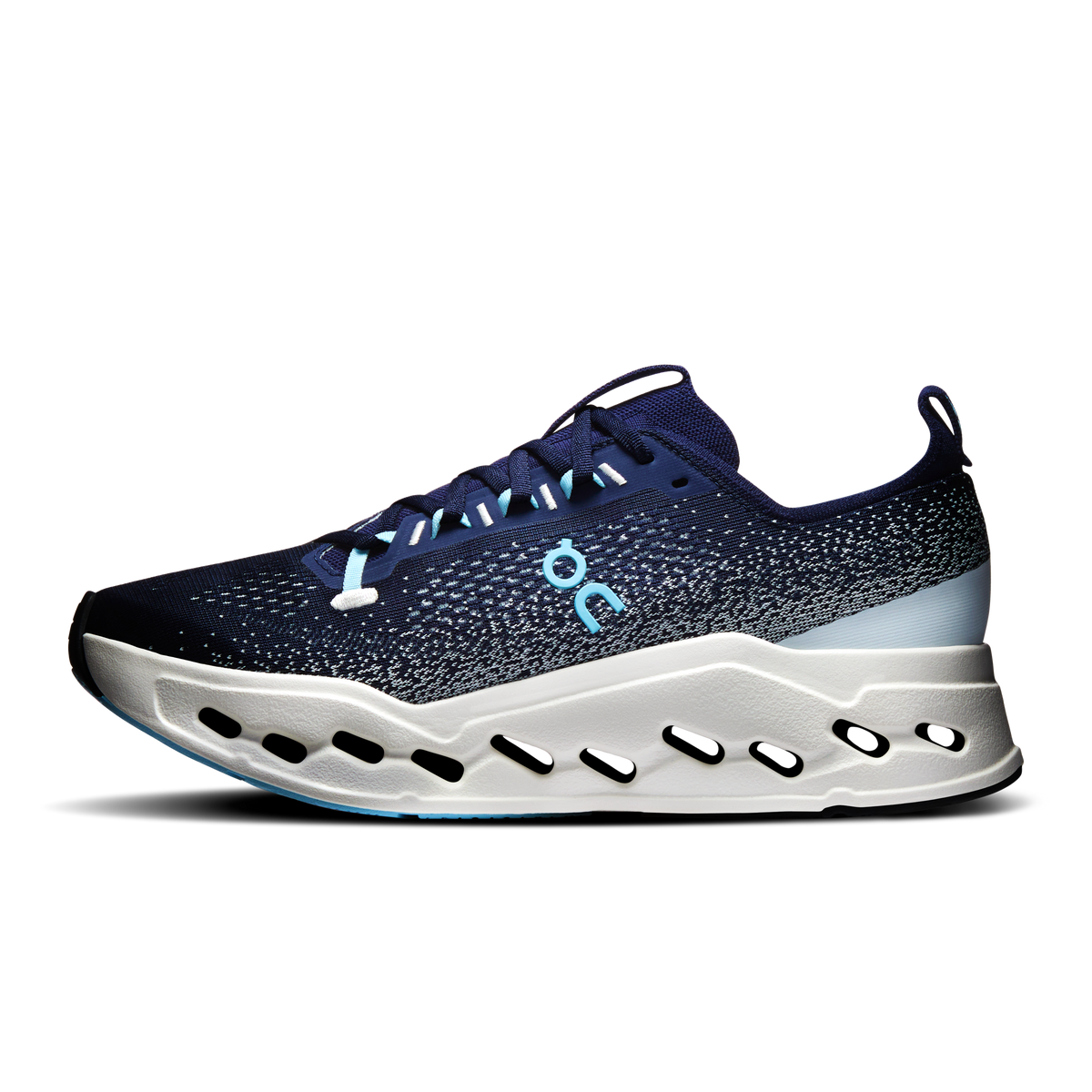 Men's running shoes in dark navy speckled knit with white midsole and toe guard
