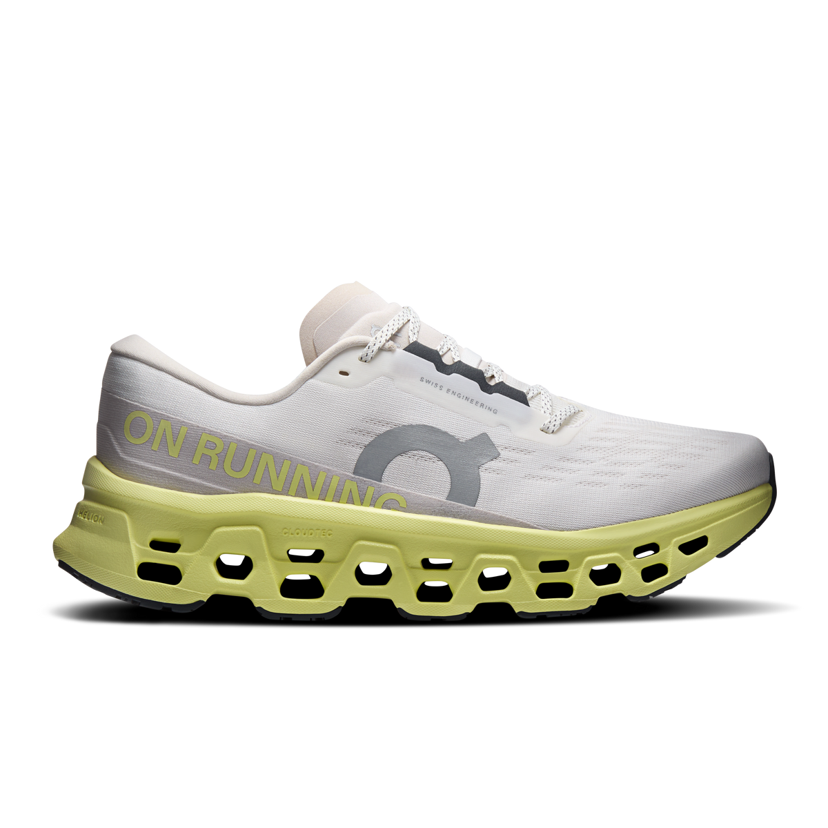 Men's ivory running shoes with neon-lime CloudTec-style sole, front quarter view