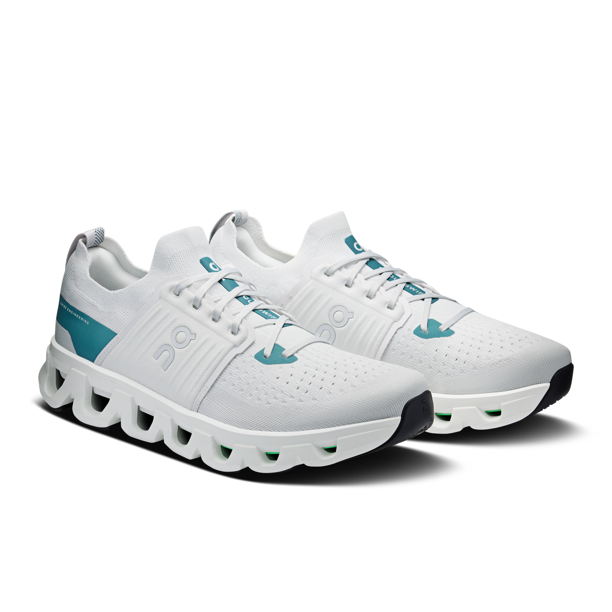 Men's white running shoes with teal branding accents and chunky CloudTec sole