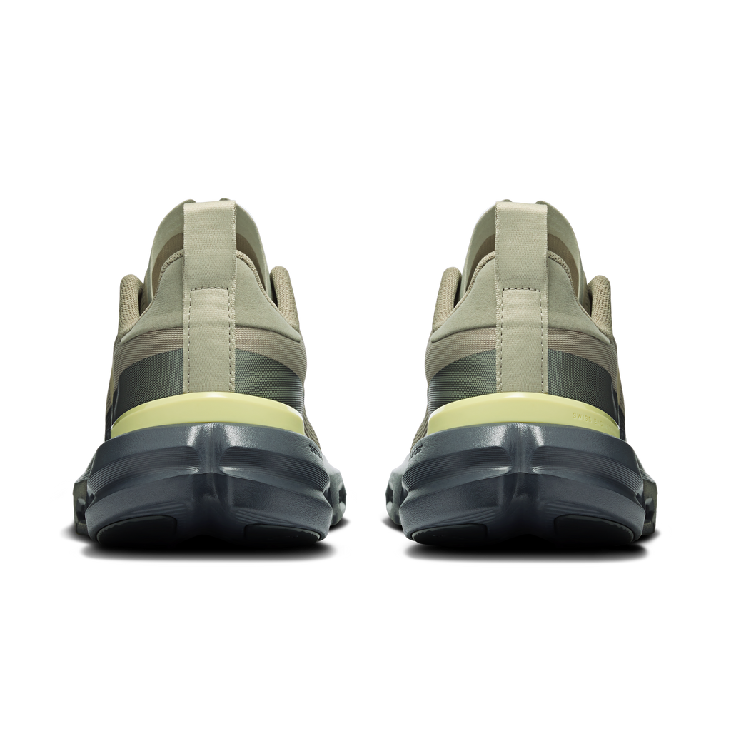 Heel view of men's running shoes: olive back tabs, cushioned collar, dark CloudTec midsole