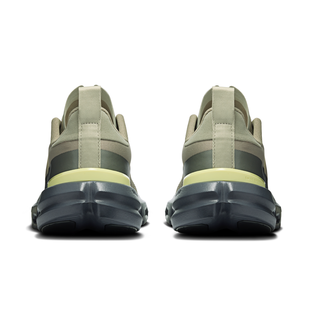 Heel view of men's running shoes: olive back tabs, cushioned collar, dark CloudTec midsole