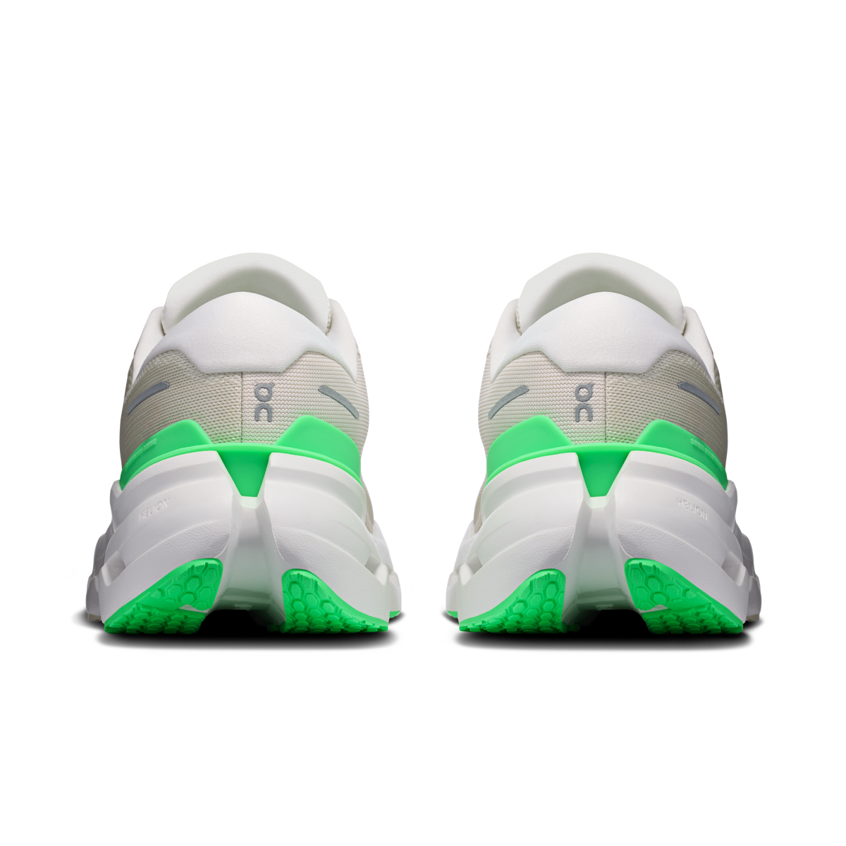 Women's running shoes heel view with green stripe and cushioned white back panel