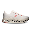 On Cloudsurfer Max running shoes with ivory knit upper, red laces, and CloudTec sole