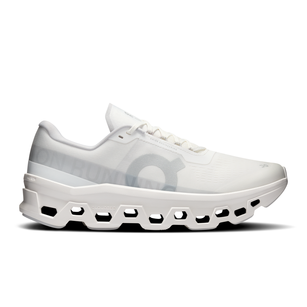 Men's white running shoes, lace-up with cushioned pod sole