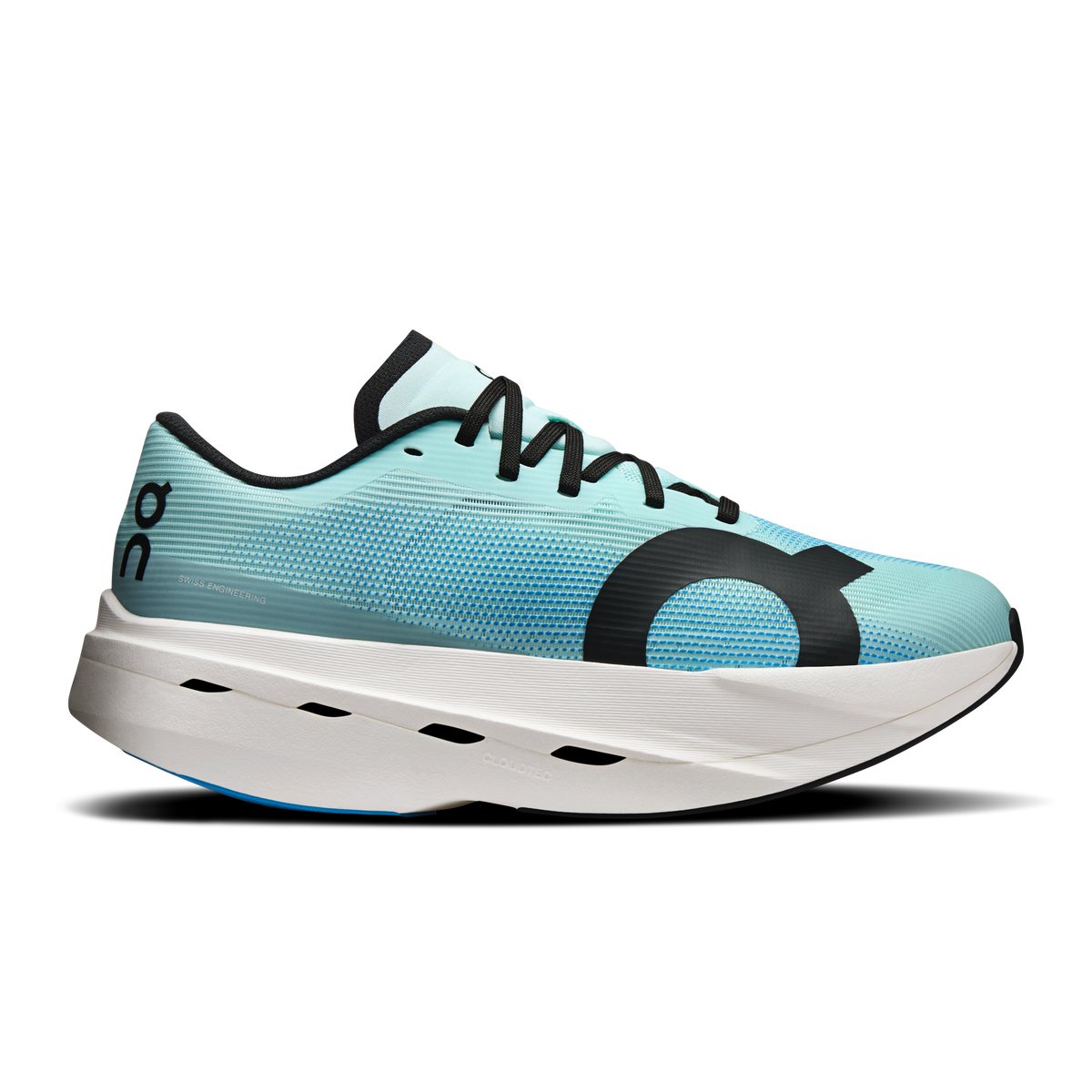 Women’s On Cloudboom Volt running shoes, celeste and blue knit upper, black accents