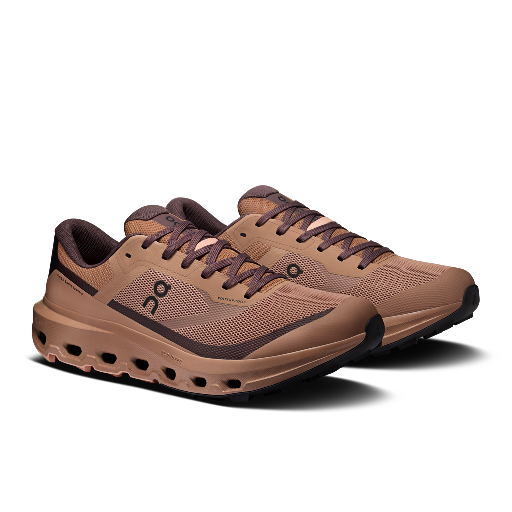 Men's waterproof running shoes, tan mesh upper with mulberry accents and On logo