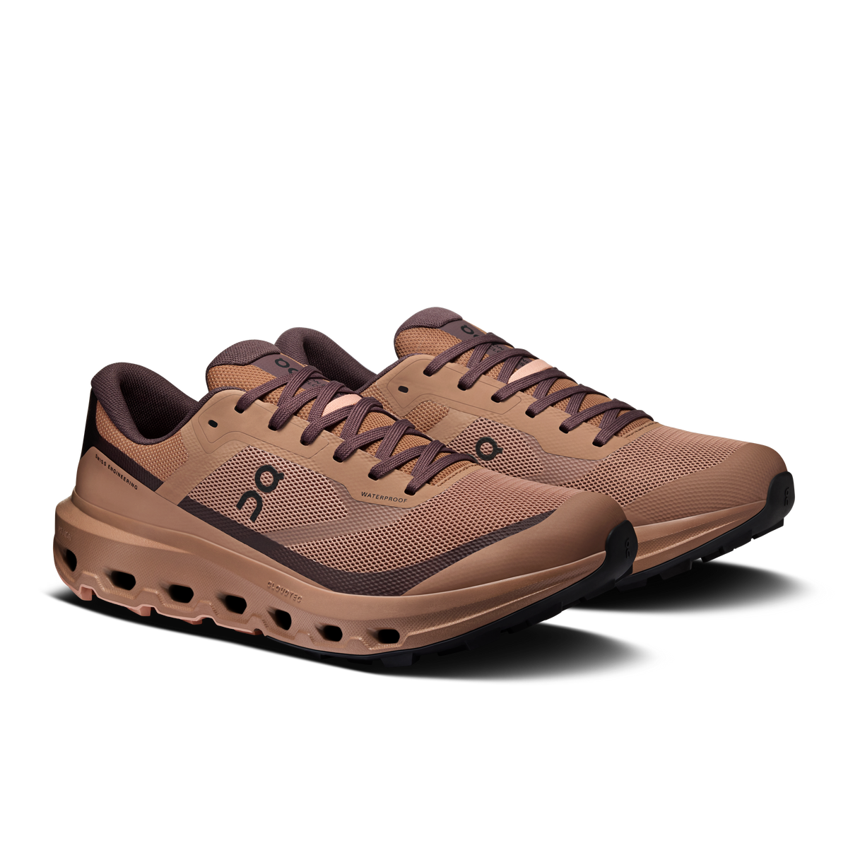 Men's waterproof running shoes, tan mesh upper with mulberry accents and On logo