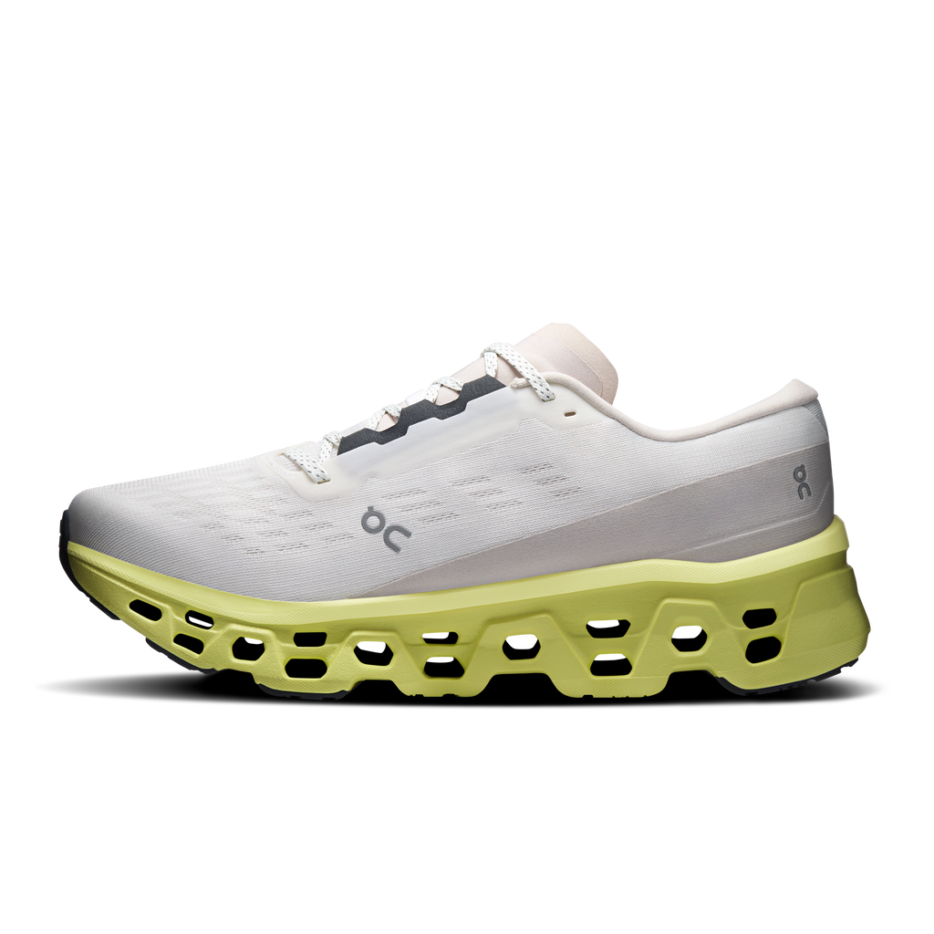 Men's ivory running shoe with neon-lime midsole, side view with On logo