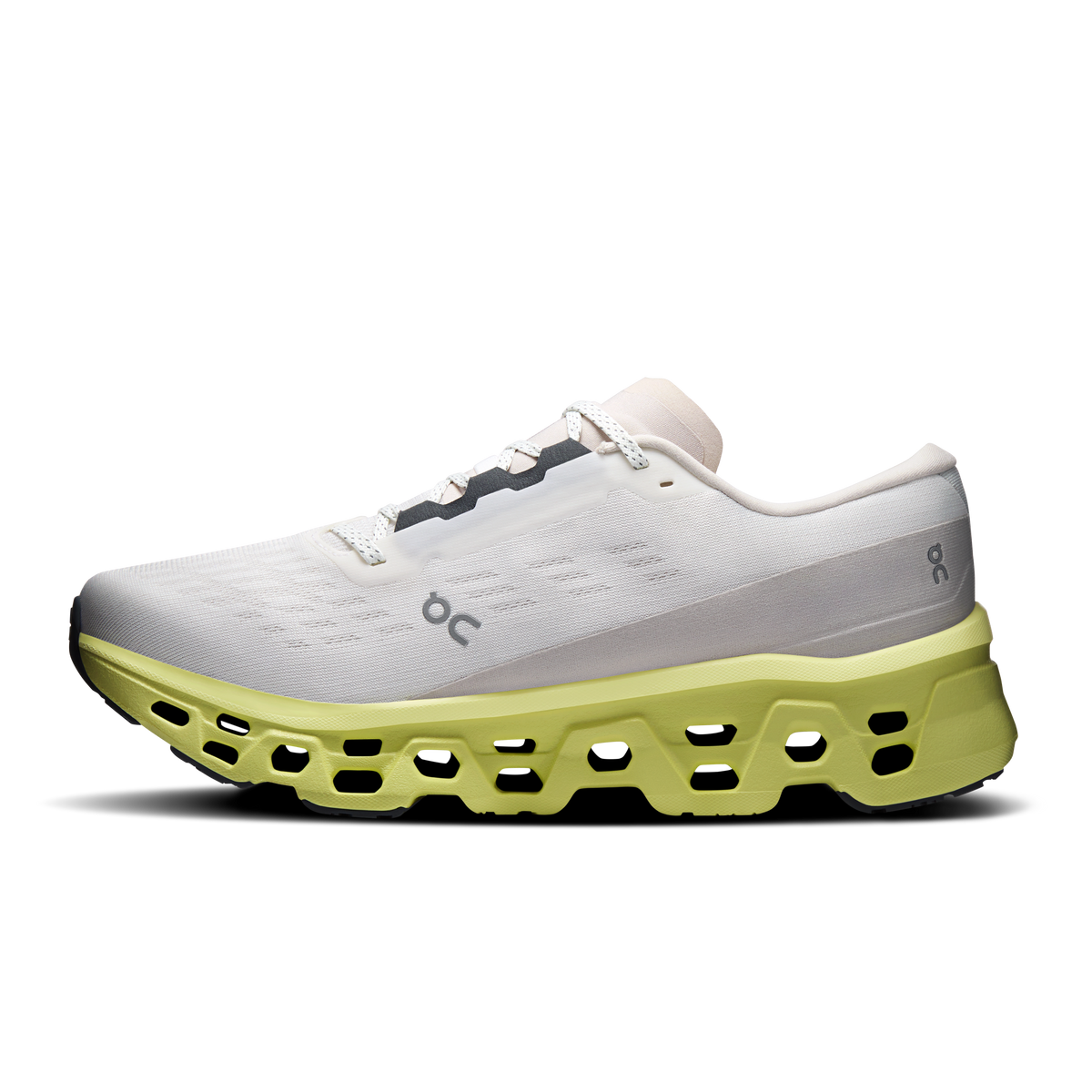Men's ivory running shoe with neon-lime midsole, side view with On logo