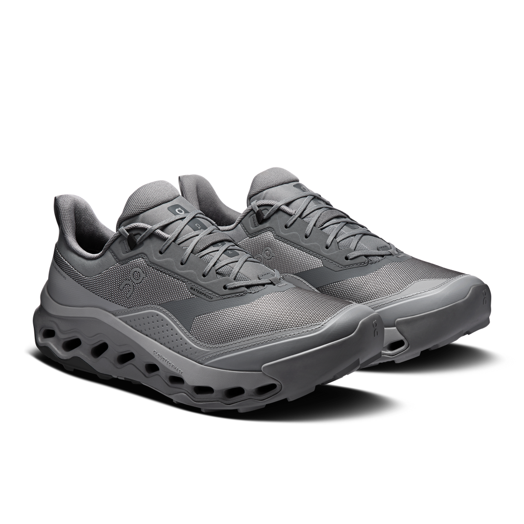 Men's waterproof running shoes, gray lace-up pair, chunky CloudTec sole