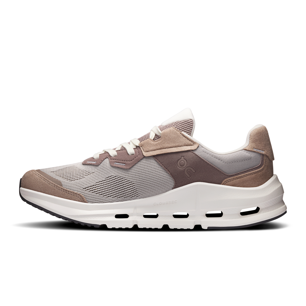 Men's running shoe side view, fog and ash mesh upper, lace-up, white CloudTec sole
