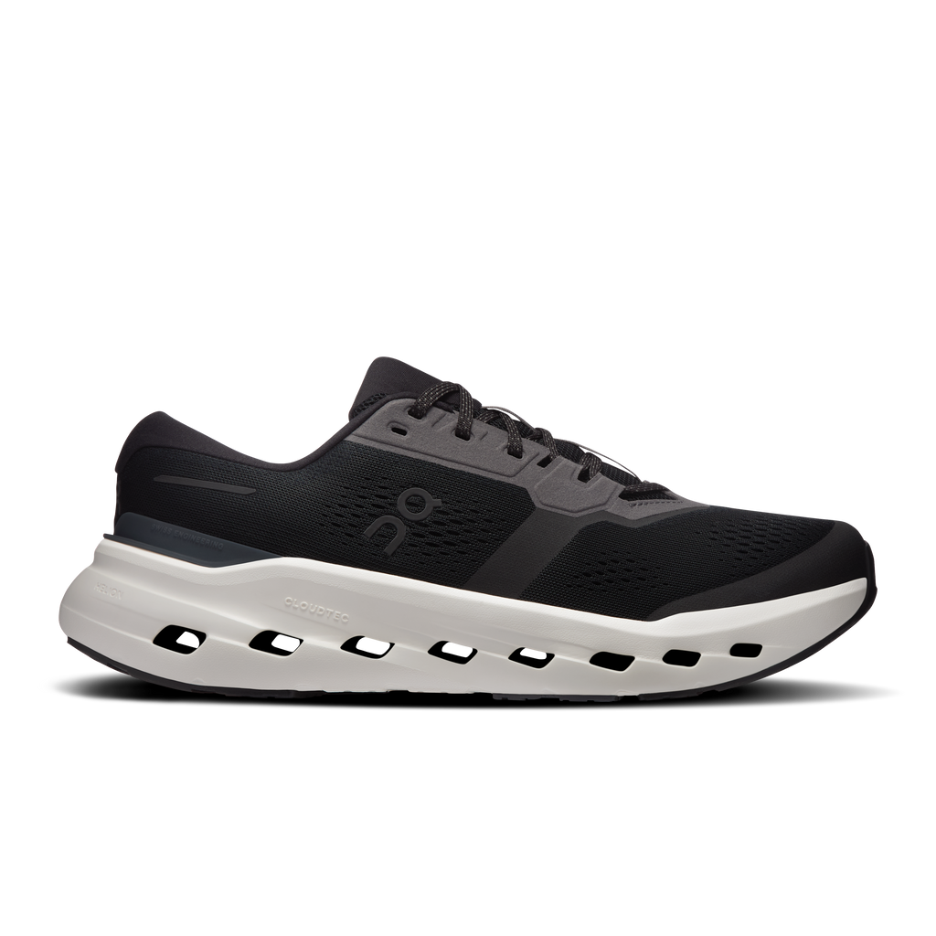 Men's black running shoe with white cloud-foam sole and lace-up upper
