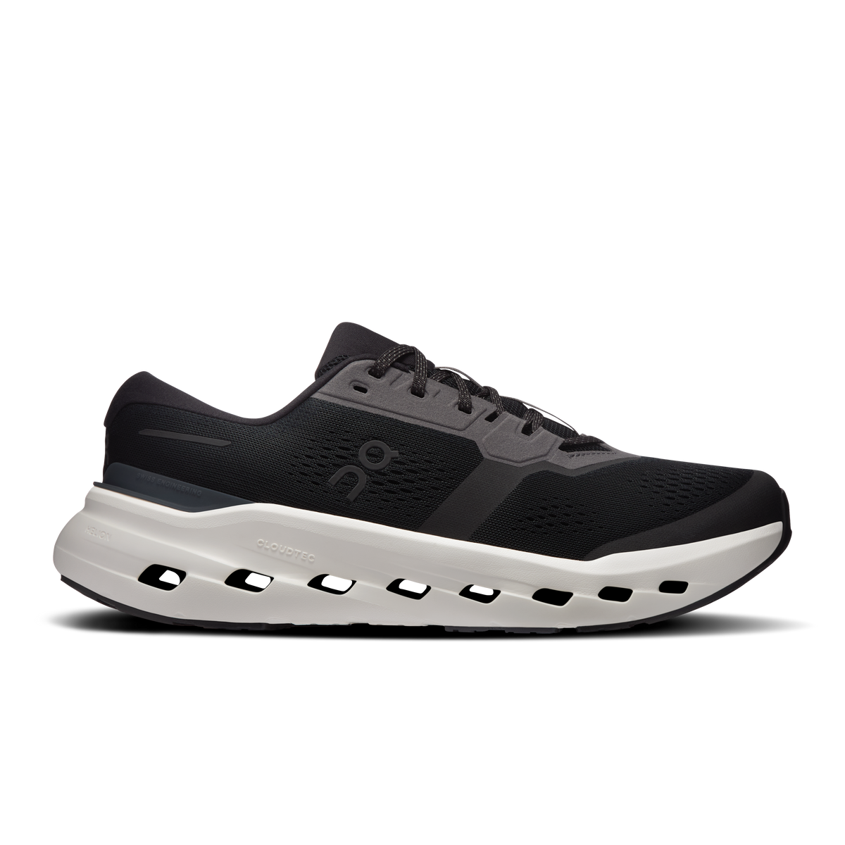 Men's black running shoe with white cloud-foam sole and lace-up upper