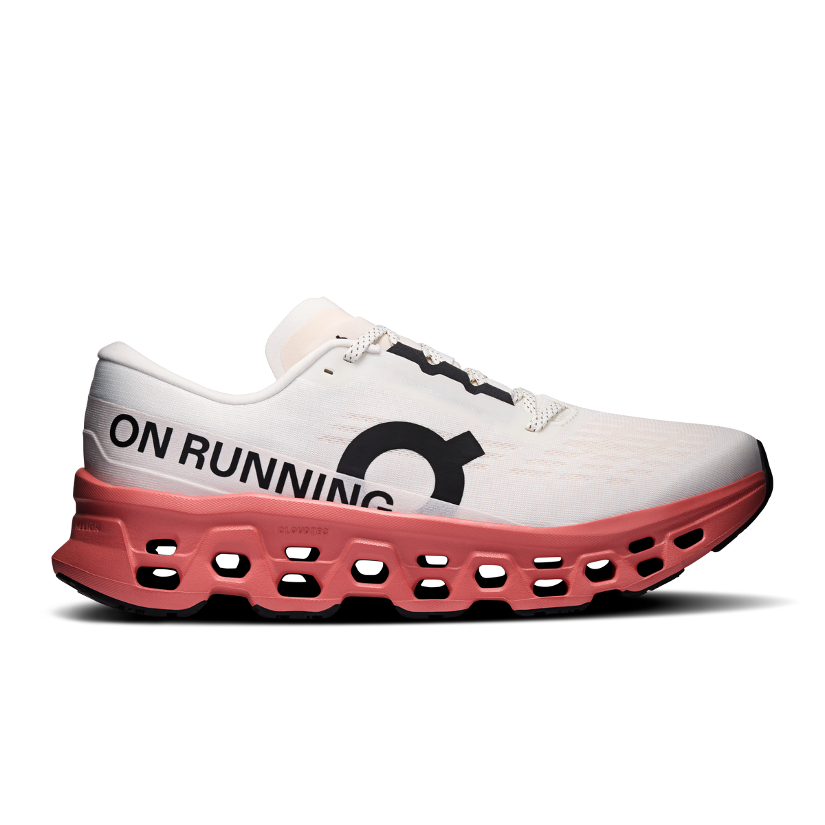 On Cloudmonster 3 men’s running shoe, ivory knit upper with red foam sole