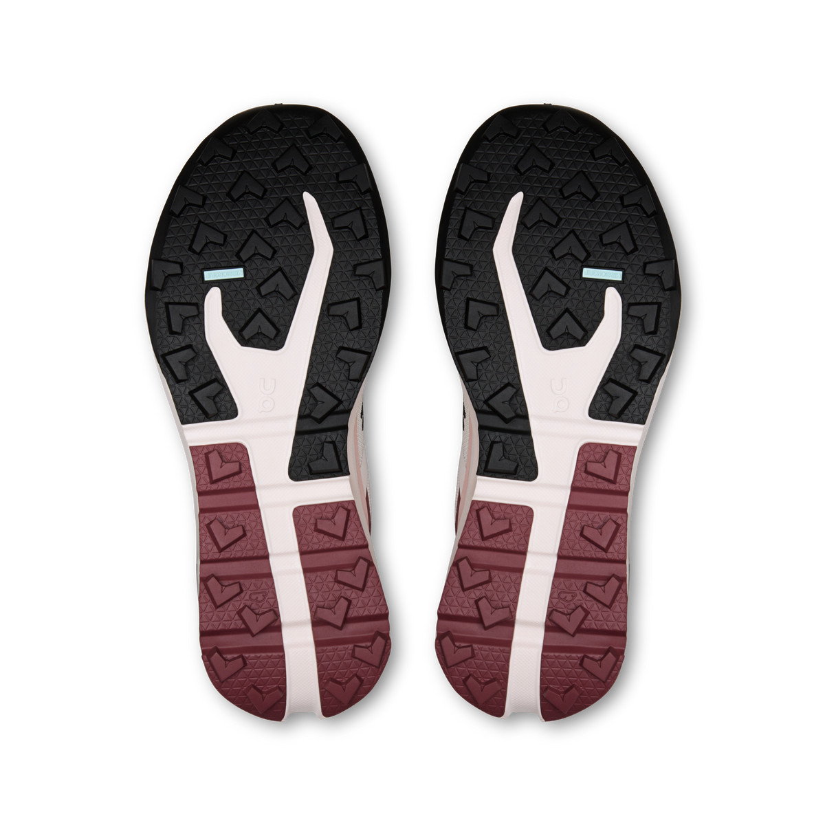 Shoe outsole with black tread, white logo area, and maroon textured stripe.
