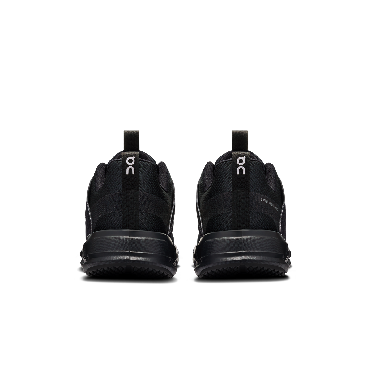 Kids' black sneakers rear view with cushioned heel and On branding