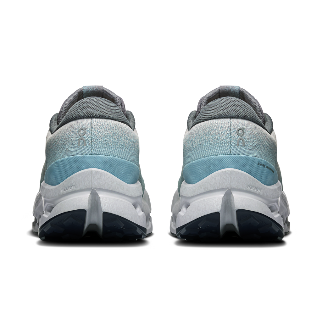 Men's waterproof trail running shoes, heel view with light blue upper and gray collar