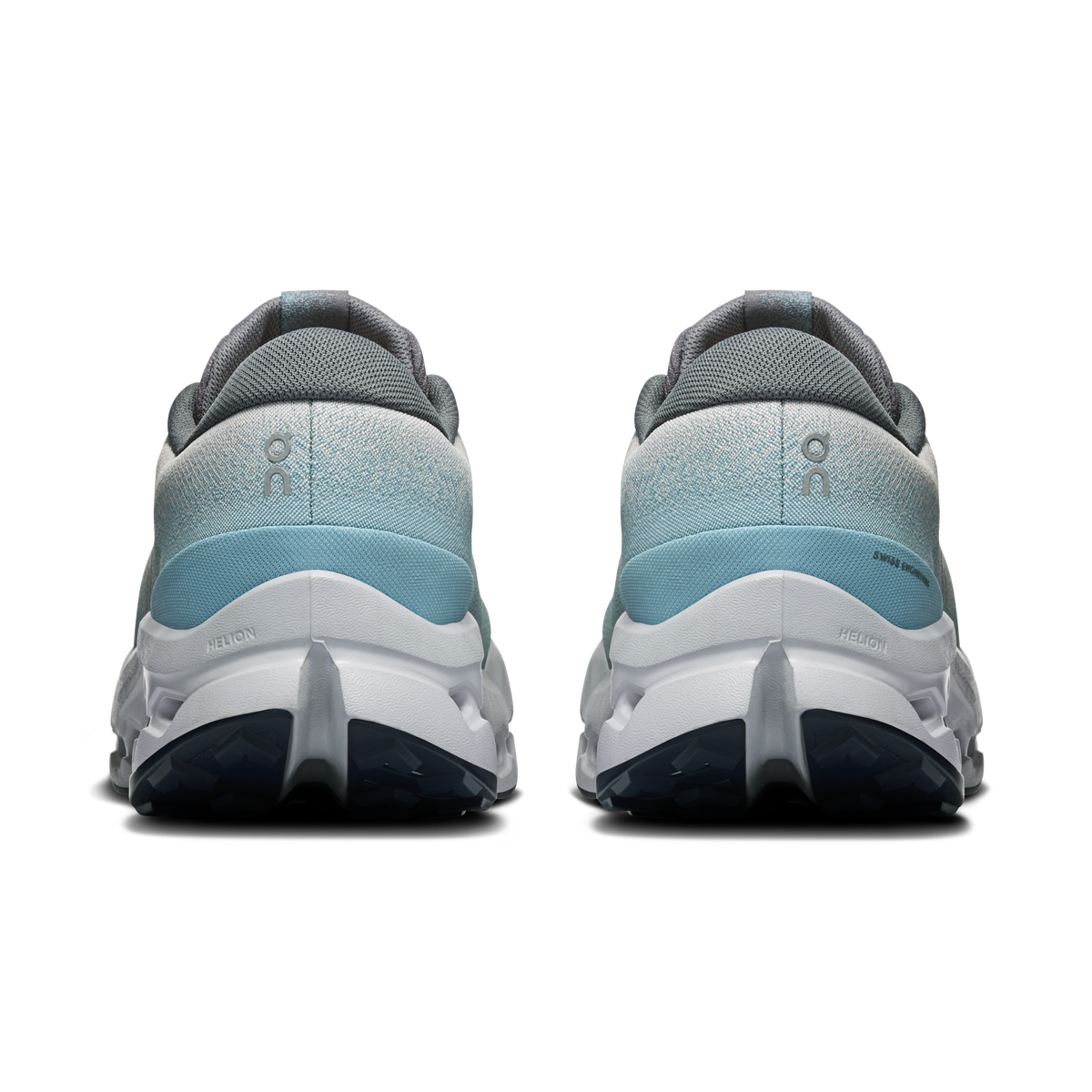 Men's waterproof trail running shoes, heel view with light blue upper and gray collar