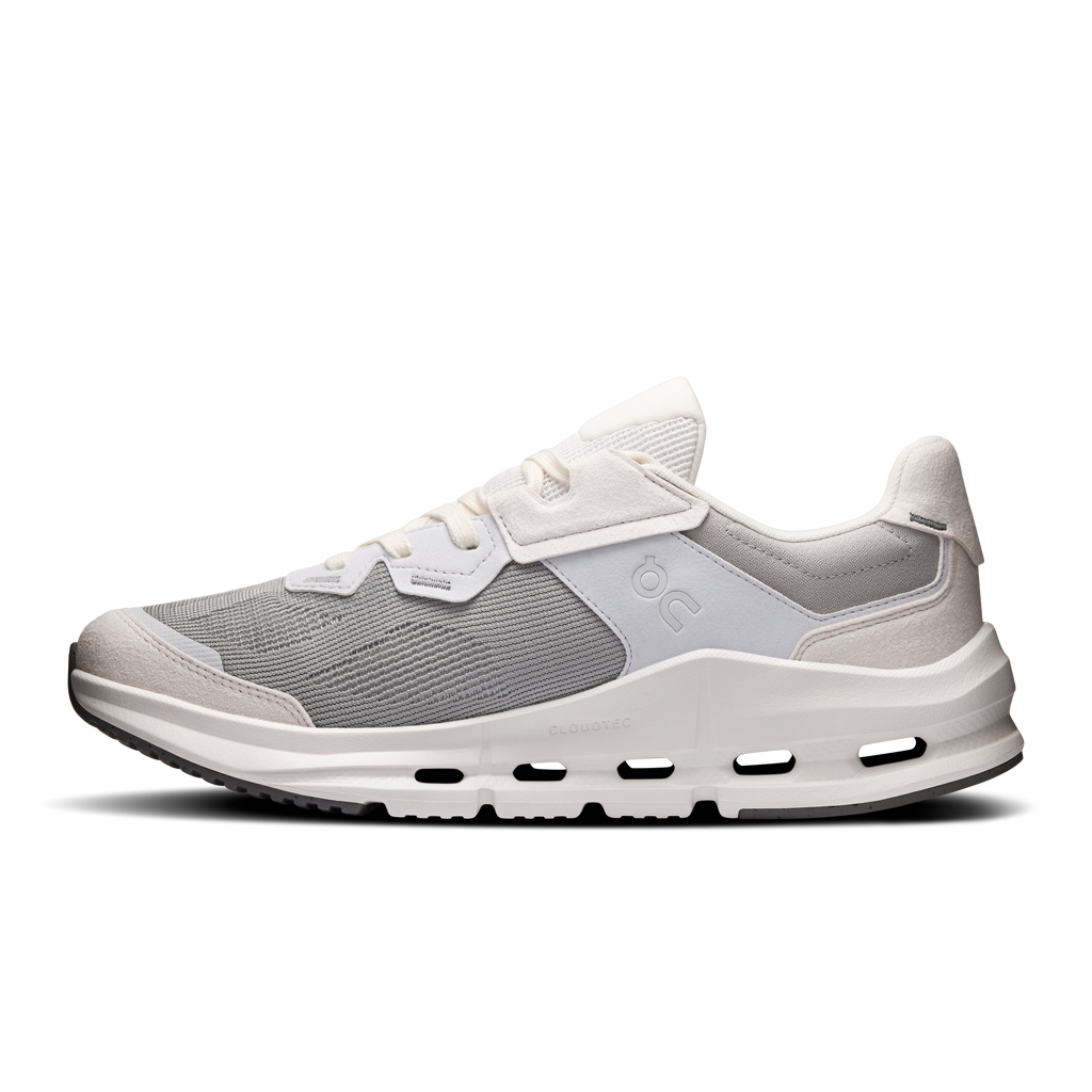 Men's lace-up running shoes, light gray and white with padded heel comfort sole