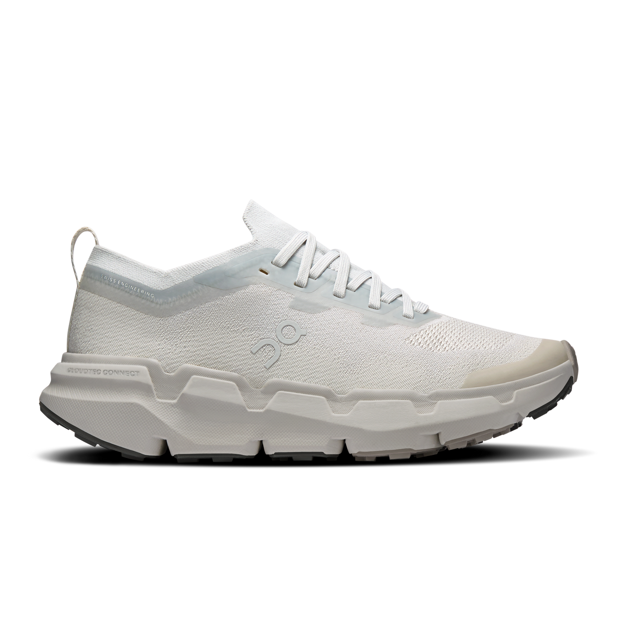 Women’s running shoes with pearl knit upper, light-blue collar, white laces, chunky sole