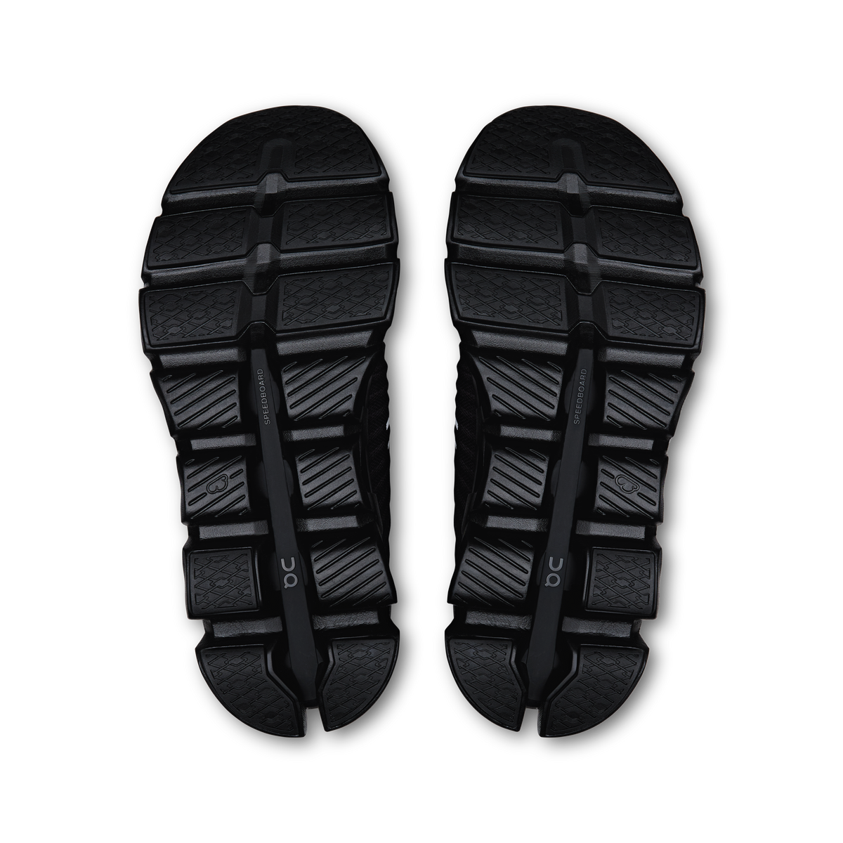 Black shoe outsoles with deep tread and CloudTec-style pods