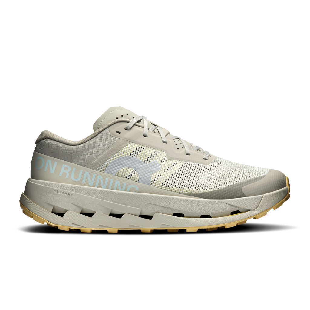 Men's running shoes with light gray mesh upper, lace-up front, cushioned midsole