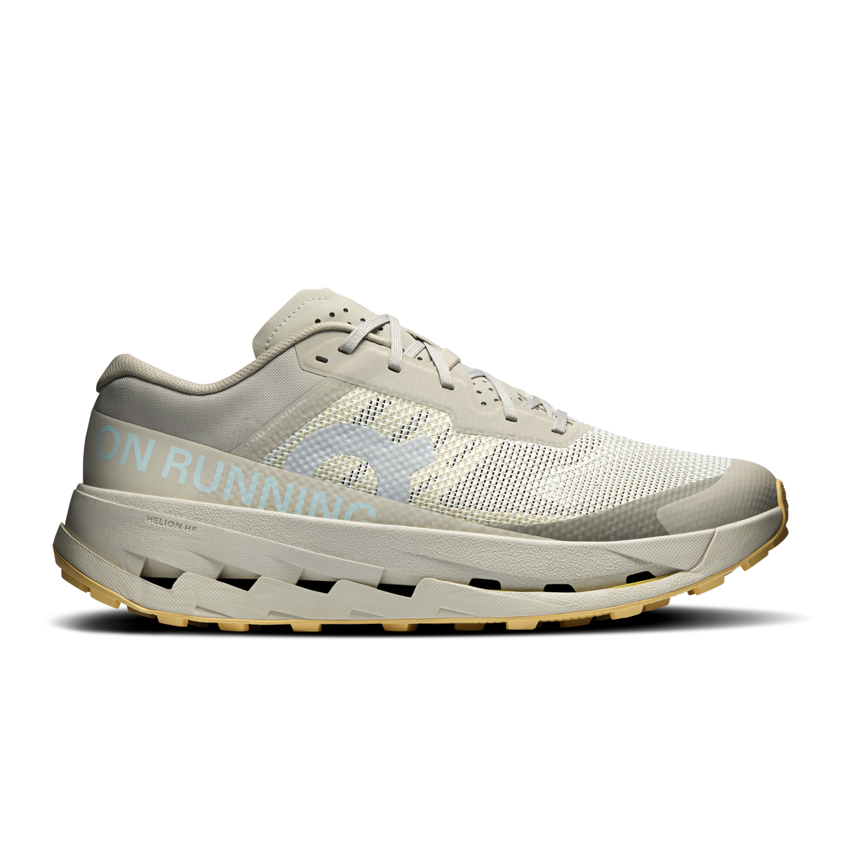 Men's running shoes with light gray mesh upper, lace-up front, cushioned midsole