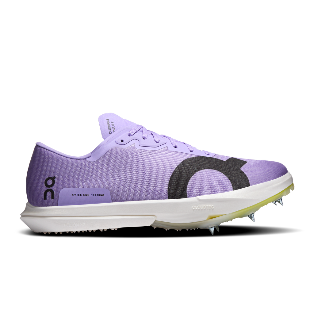 On Cloudspike Amplius 2 running shoes, purple upper with lime outsole, lace-up