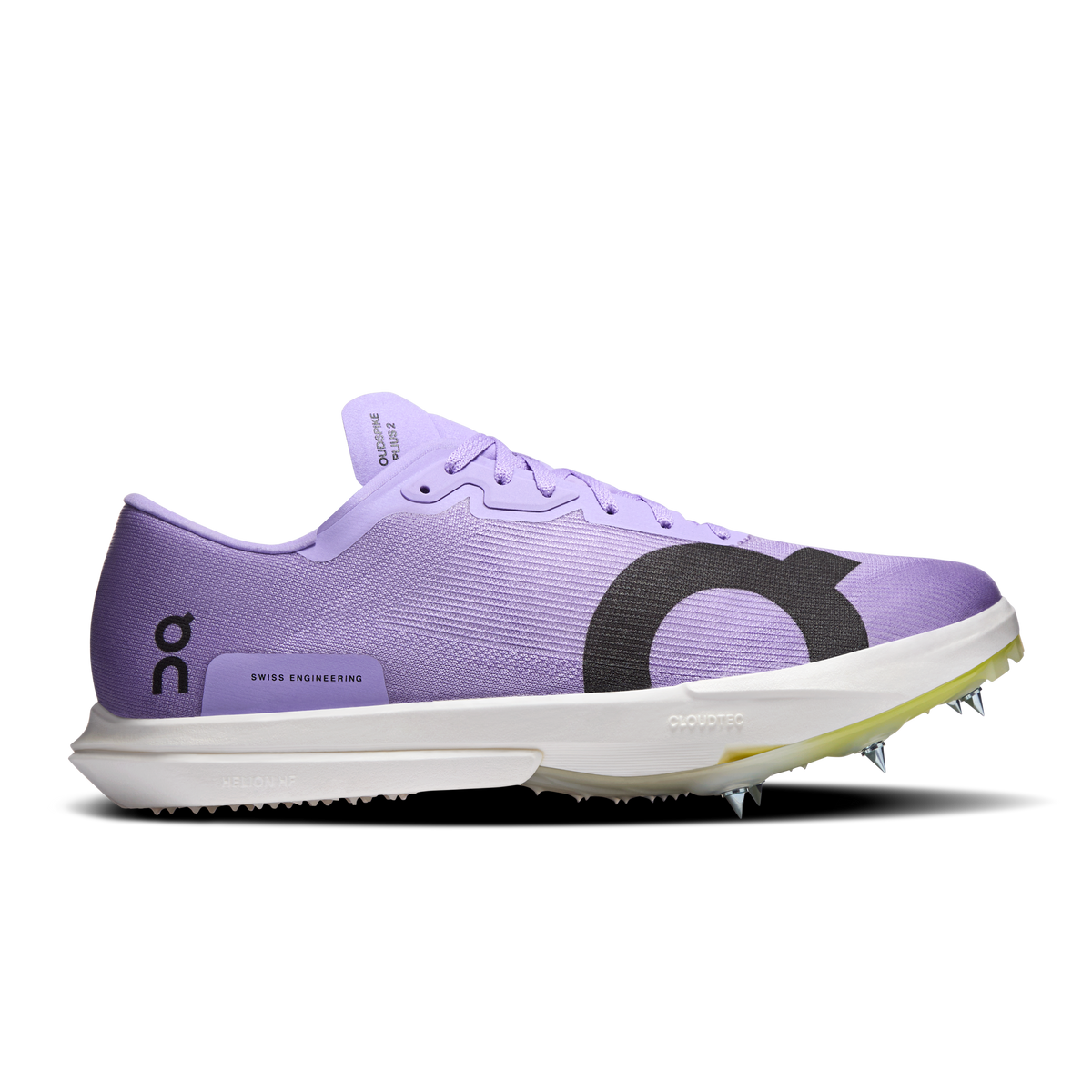 On Cloudspike Amplius 2 running shoes, purple upper with lime outsole, lace-up