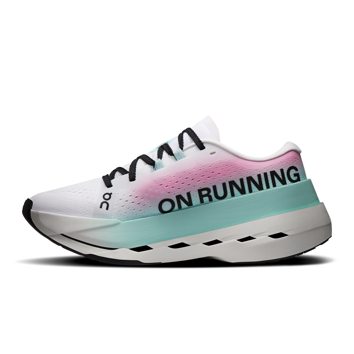 White running shoe with ON RUNNING text, pink gradient top and teal midsole