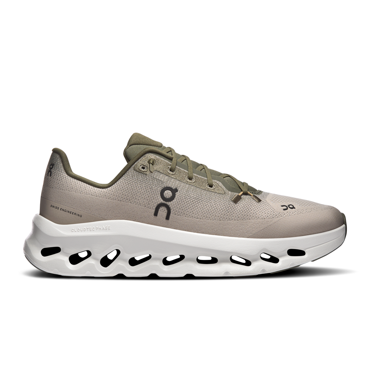 Men's Cloudtilt running shoes in tan knit with olive accents and CloudTec sole