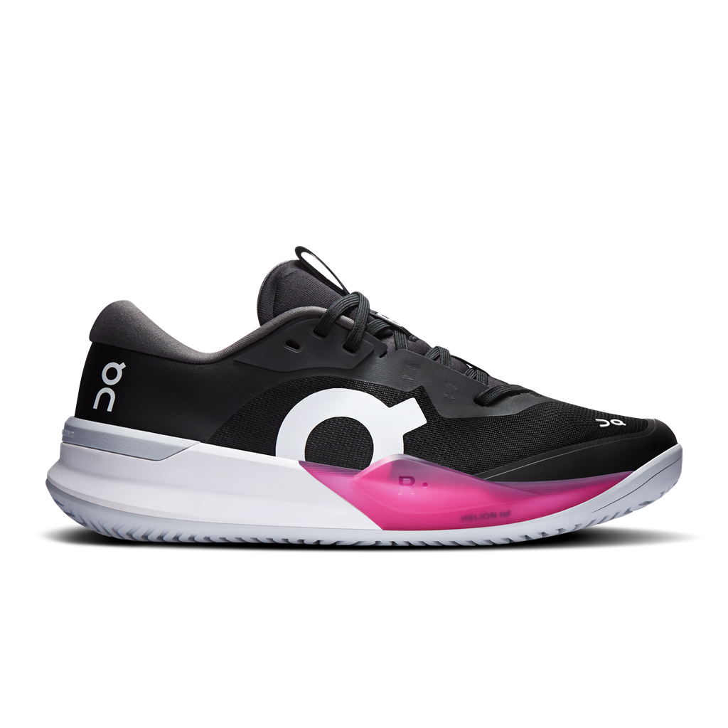 Women's On Running court shoe, black upper with pink midsole and white logo
