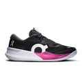 Women's On Running court shoe, black upper with pink midsole and white logo