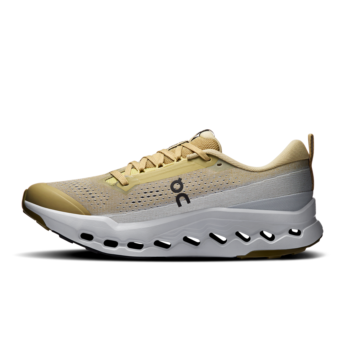 Men's trail running shoes, tan mesh upper with gray midsole and cushioned pods