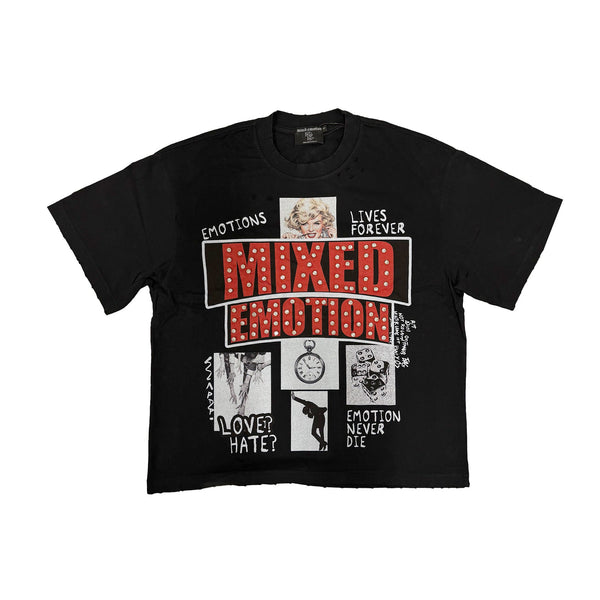 Men's black graphic T-shirt with red and white mixed emotion text collage