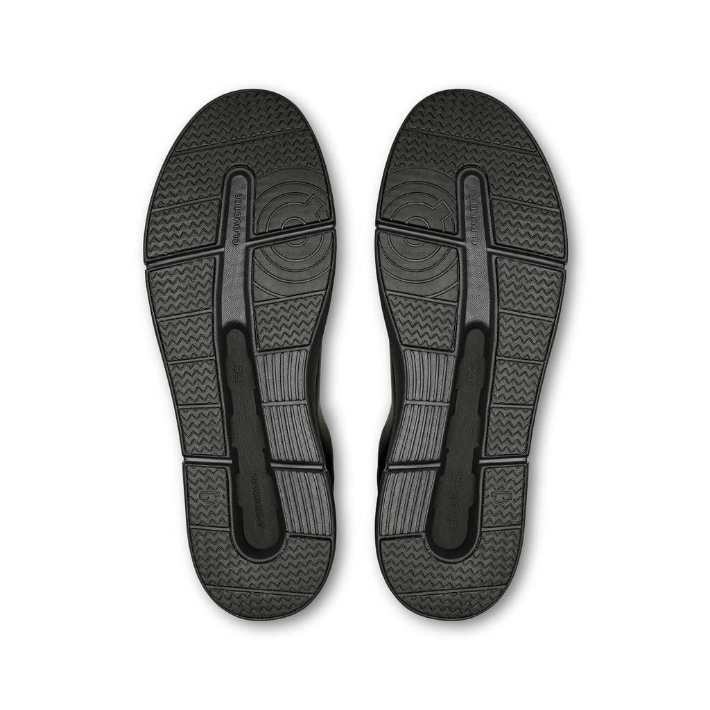 On men's black sneaker outsoles with textured tread and heel stabilizers